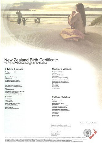 A birth certificate with an image of a mother holding a baby on a beach