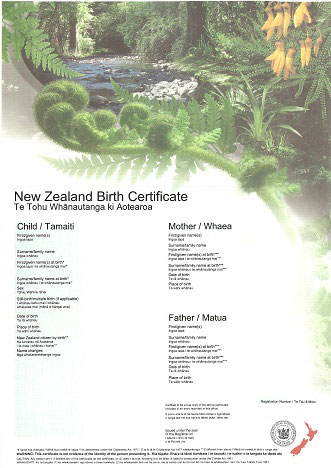 A birth certificate with imagery of native New Zealand bush